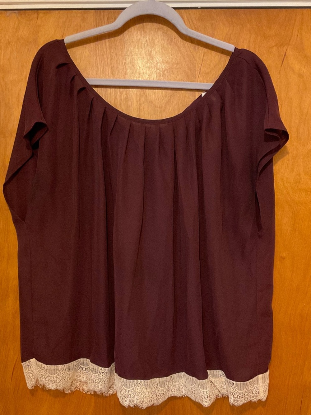 LC Lauren Conrad Egglant Purple Blouse Cream Lace Hem Tie Back Sz XXL